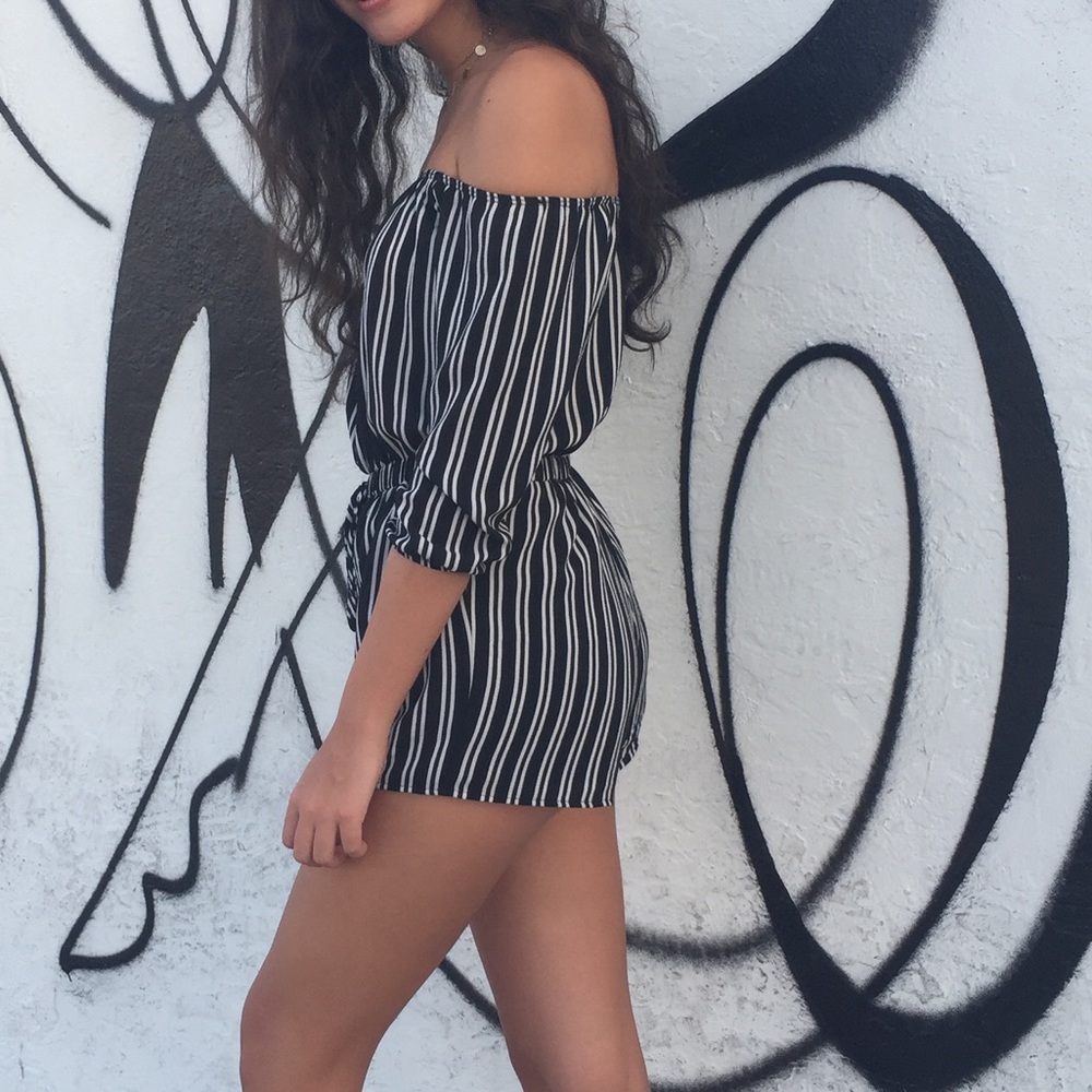 Off the Shoulder Black and White Striped Romper